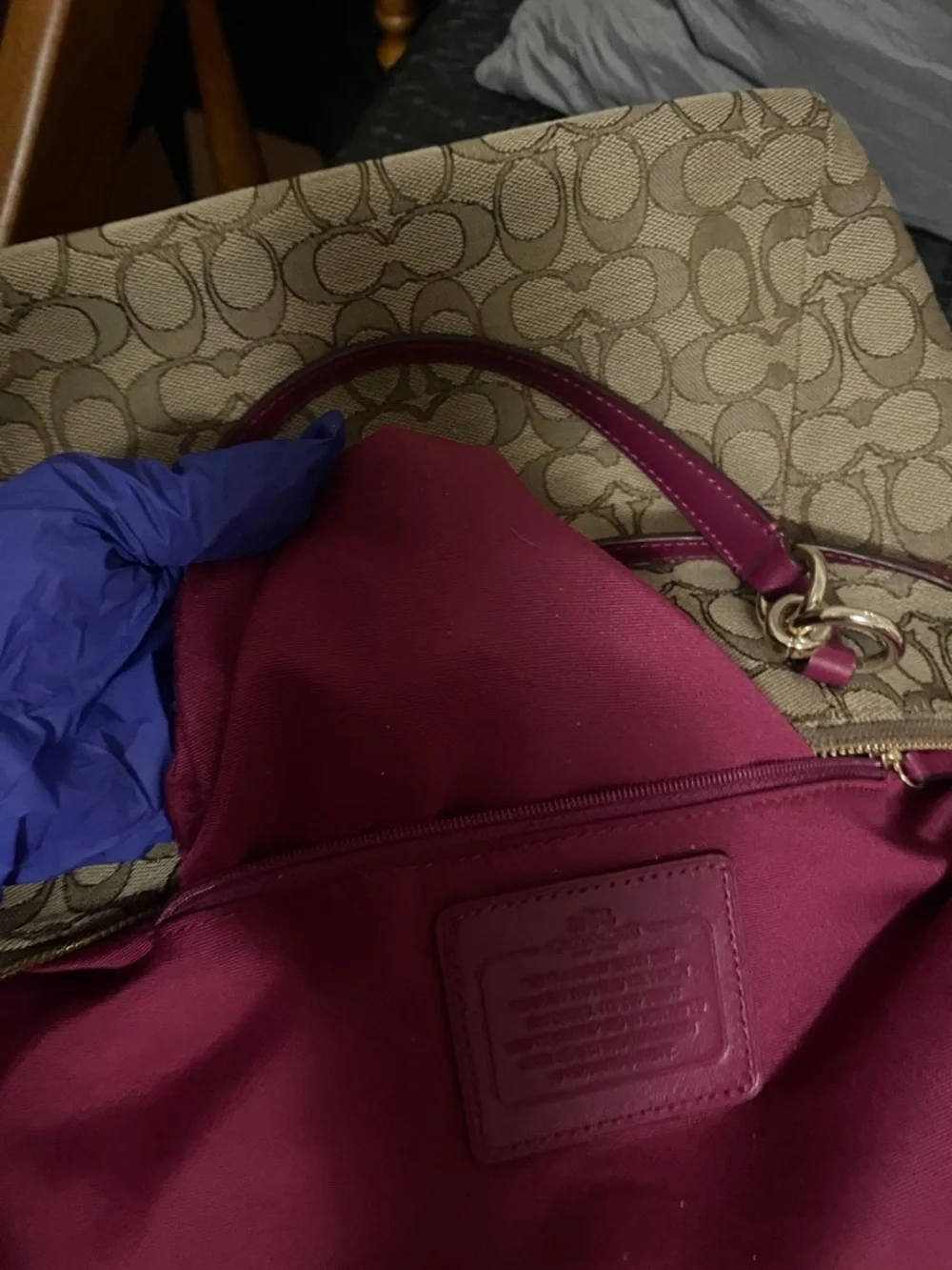 Coach Brown Signature Canvas Shoulder Bag with Raspberry Trim - Picture 15 of 17